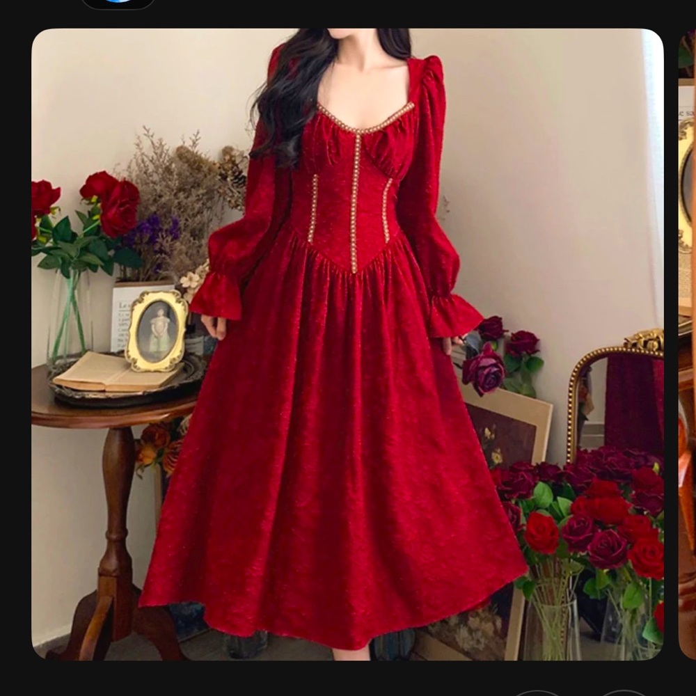 Large size retro puff sleeve jacquard red dress